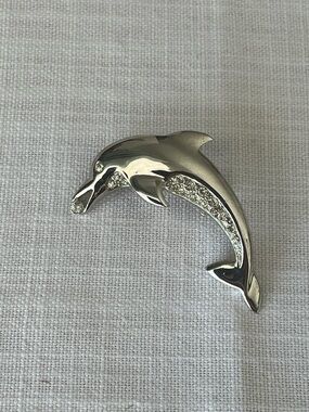 Vintage Silver Tone Dolphin Brooch with Clear Rhinestone Accents